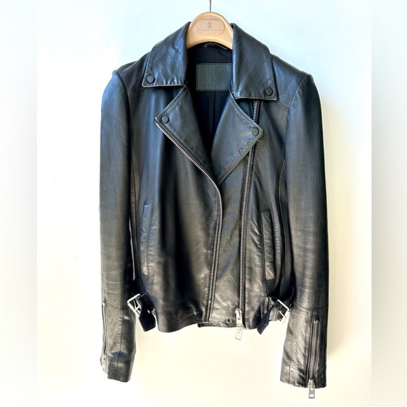 EUC AllSaints Ayers Slim Fit Leather Biker Moto Jacket Black, Size US 6 - Picture 4 of 10